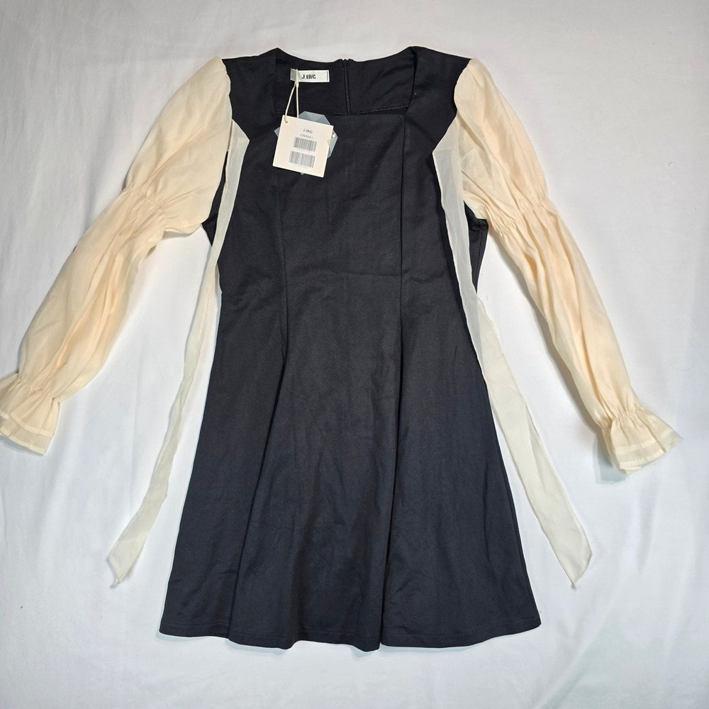 J.ING Black Cotton Square Neck Mini Dress Sheer Balloon Sleeve Cream Large NEW